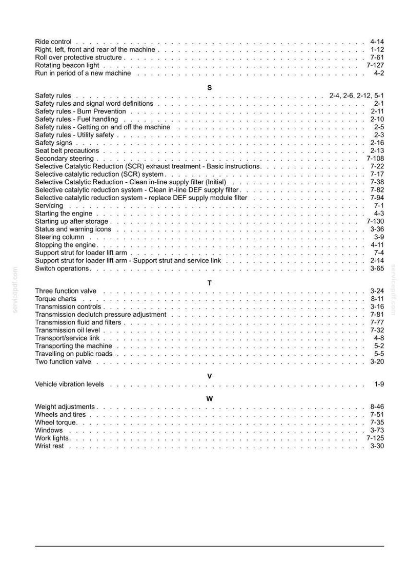 May include: A detailed table of contents from a manual, featuring a list of topics and corresponding page numbers. The text is in black against a white background. Topics include safety rules, steering, and transmission controls.