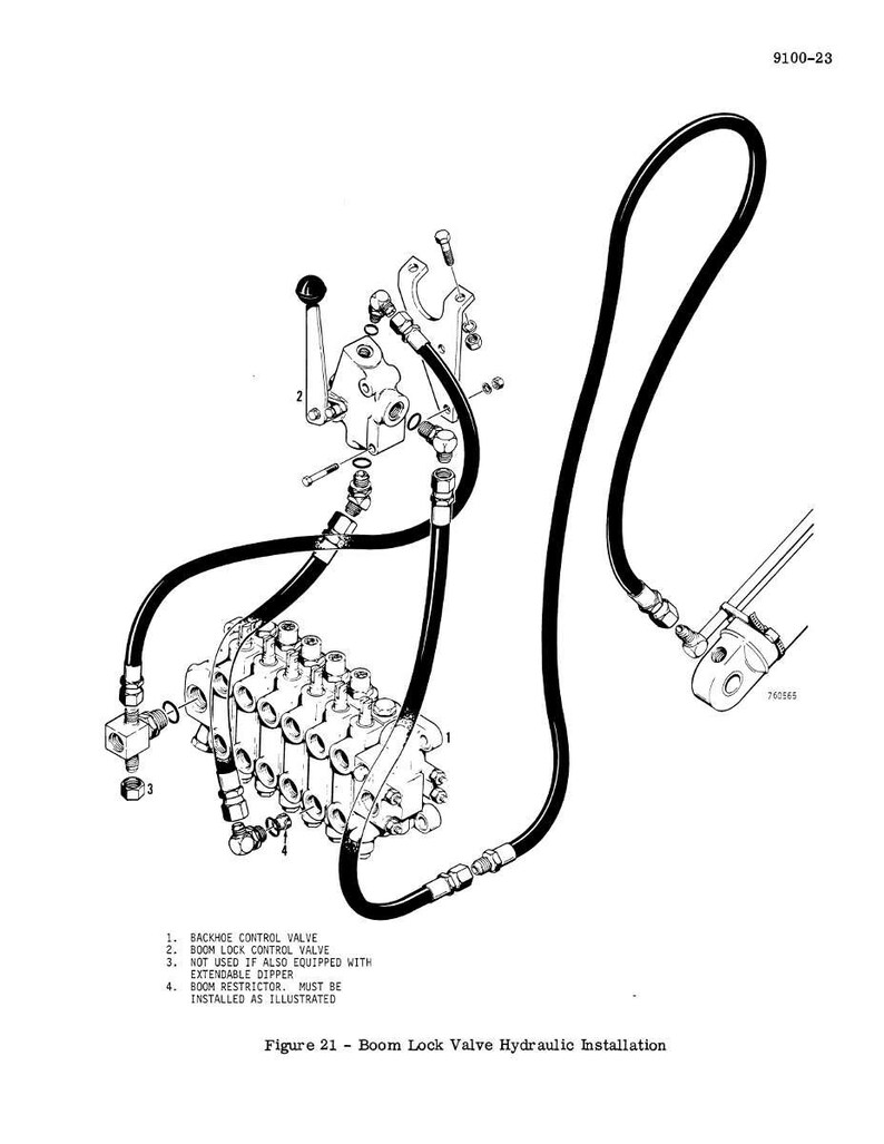 May include: An engineering diagram of a boom lock valve hydraulic installation. The diagram is in black and white and includes a backhoe control valve, boom lock control valve, and boom restrictor. The text "Figure 21 - Boom Lock Valve Hydraulic Installation" is at the bottom.