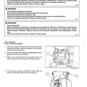 May include: Diagram of a hydraulic pump installation with numbered components and safety warnings. Text includes instructions for cleaning surfaces, applying sealant, and aligning gaskets. The image also contains safety warnings.