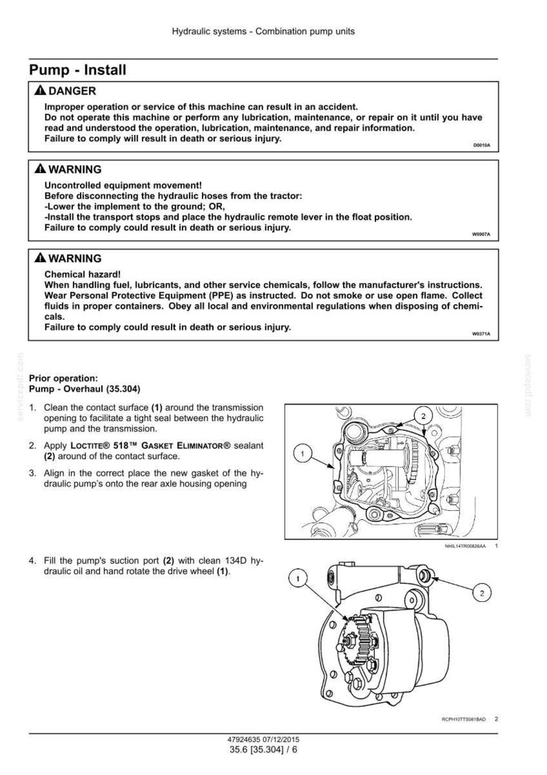 May include: Diagram of a hydraulic pump installation with numbered components and safety warnings. Text includes instructions for cleaning surfaces, applying sealant, and aligning gaskets. The image also contains safety warnings.