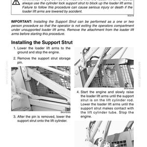 May include: A page from a manual detailing the installation of a loader lift arms support strut. The text includes safety warnings and step-by-step instructions with accompanying images. The manual is for a 90XT model.