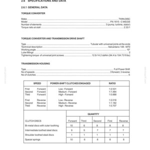 May include: A detailed technical manual page with specifications for a DC150 transmission. Includes data on torque converter, transmission drive shaft, and transmission housing. Features tables with speed, clutch engagement, and quantity of clutch discs.