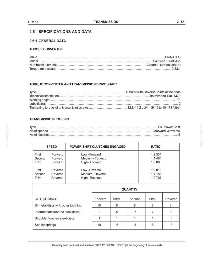 May include: A detailed technical manual page with specifications for a DC150 transmission. Includes data on torque converter, transmission drive shaft, and transmission housing. Features tables with speed, clutch engagement, and quantity of clutch discs.
