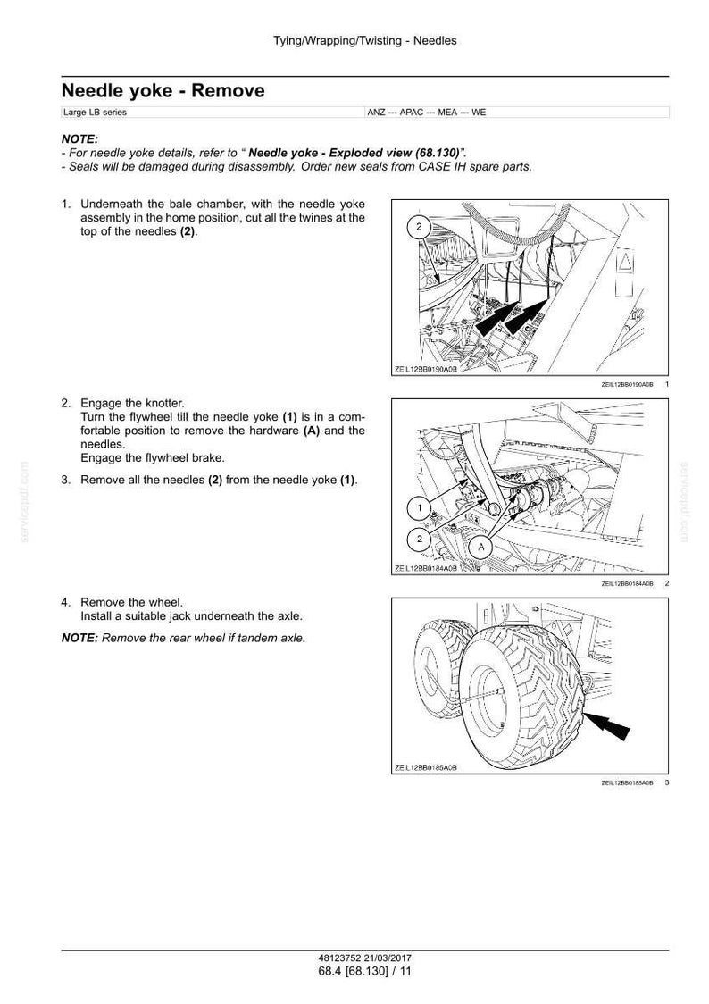 May include: Diagram of a machine component removal process, titled "Needle yoke - Remove." The image includes detailed illustrations with arrows pointing to specific parts, numbered steps, and text instructions. The diagram shows the removal of the wheel and needles.