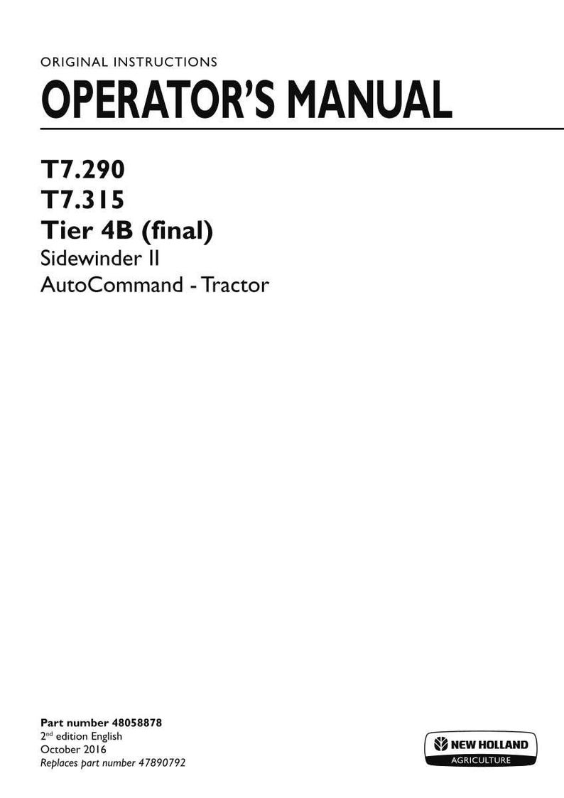 New Holland T7.290, T7.315 Tier 4B (final) Sidewinder Ii Auto Command Tractor Operator Owners Operation Manual | Instant Pdf Download image 3