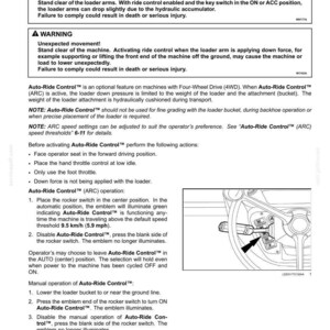 May include: Operating instructions for Auto-Ride Control (ARC) on a four-wheel drive machine. Includes warnings about unexpected movement and detailed steps for operation, including rocker switch use and speed thresholds. The image shows a rocker switch.