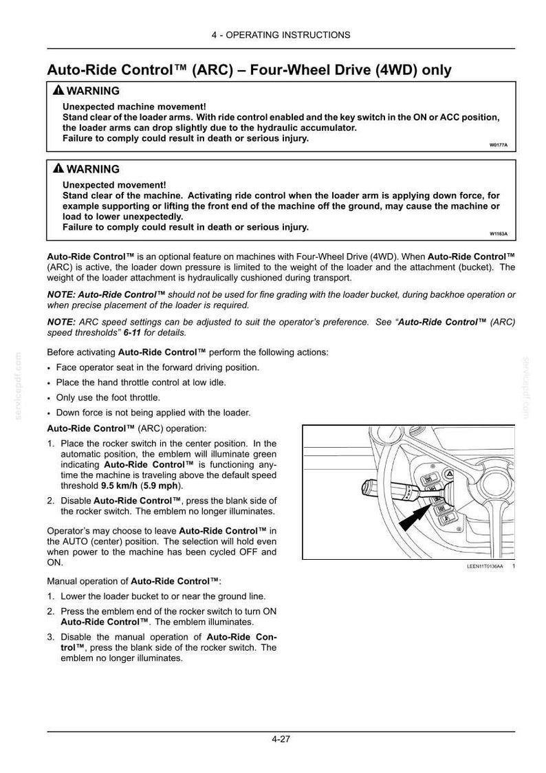 May include: Operating instructions for Auto-Ride Control (ARC) on a four-wheel drive machine. Includes warnings about unexpected movement and detailed steps for operation, including rocker switch use and speed thresholds. The image shows a rocker switch.