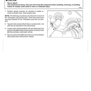 May include: Diagram of a product tank removal procedure, including a 1200-gallon poly tank. The image shows numbered steps with labels and arrows pointing to various components, such as clamps and lines. Text includes safety warnings.