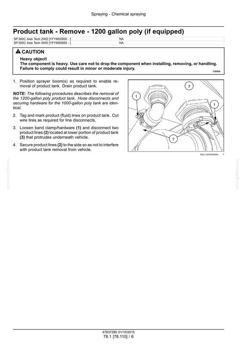 May include: Diagram of a product tank removal procedure, including a 1200-gallon poly tank. The image shows numbered steps with labels and arrows pointing to various components, such as clamps and lines. Text includes safety warnings.