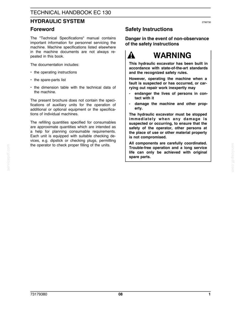 May include: A technical handbook titled "Technical Handbook EC 130" with the title "Hydraulic System" and a "Foreword" section. The image also includes "Safety Instructions" with a "WARNING" section about operating the machine.