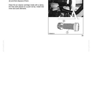 May include: Diagram of an engine air cleaner with instructions for maintenance. The image includes a detailed view of the inner and outer elements, labeled (1) and (2), and a diagram of the air cleaner cartridge.