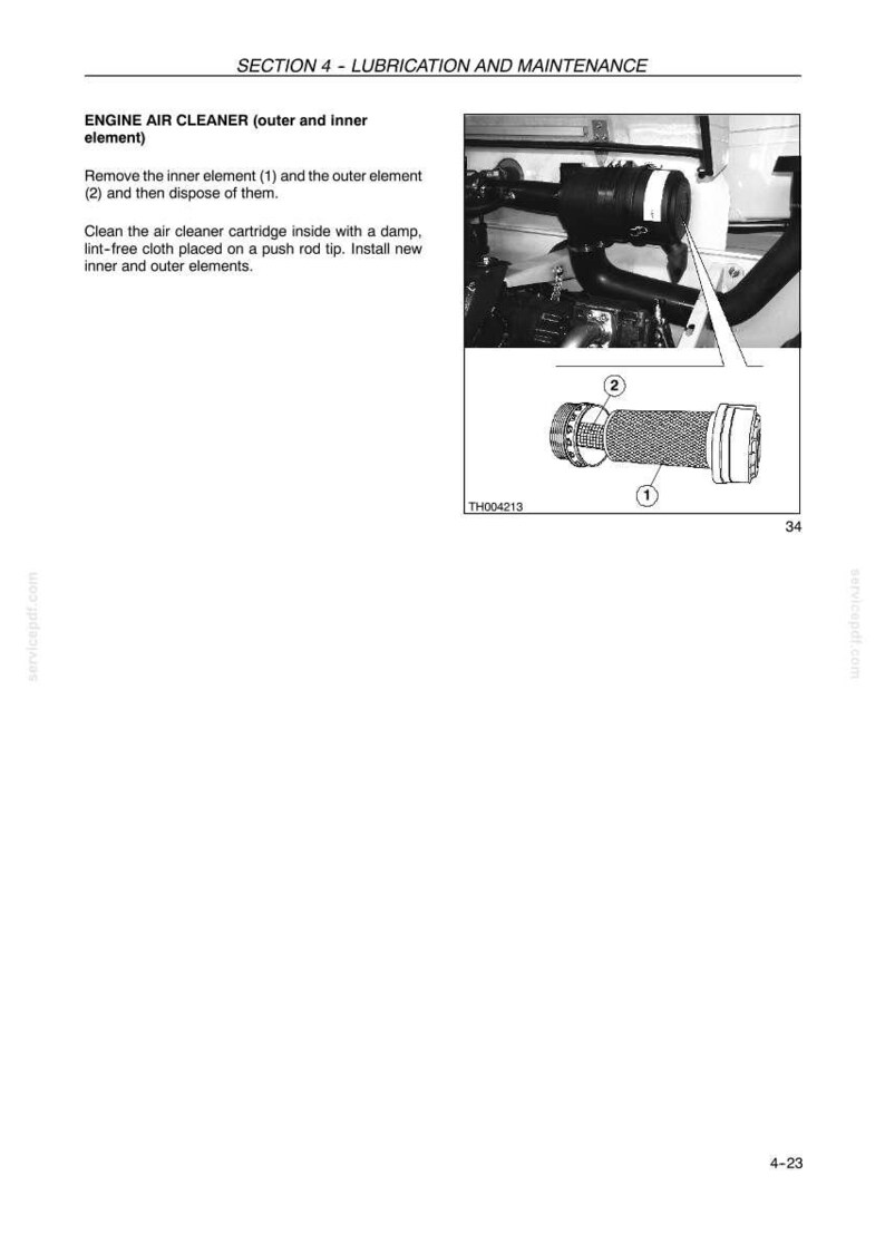 May include: Diagram of an engine air cleaner with instructions for maintenance. The image includes a detailed view of the inner and outer elements, labeled (1) and (2), and a diagram of the air cleaner cartridge.