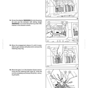 May include: A technical manual page titled SECTION 27 - REAR TRANSMISSION - CHAPTER 1, featuring four black and white line drawings illustrating mechanical repair steps. The diagrams show gears, a pinion, a sliding weight extractor, and pliers.