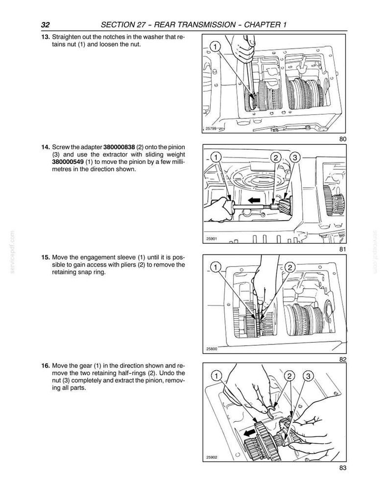 May include: A technical manual page titled SECTION 27 - REAR TRANSMISSION - CHAPTER 1, featuring four black and white line drawings illustrating mechanical repair steps. The diagrams show gears, a pinion, a sliding weight extractor, and pliers.