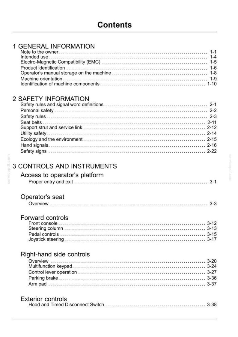 May include: A detailed table of contents from a manual, with sections on general information, safety, and controls. The text is black on a white background, with page numbers and section titles.