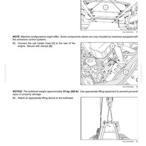 May include: Diagram of vehicle components with labels and instructions. Includes images of installing a belly pan cover, connecting a heater hose, and attaching a lifting device. Text includes weight of bulkhead at 200 lb.