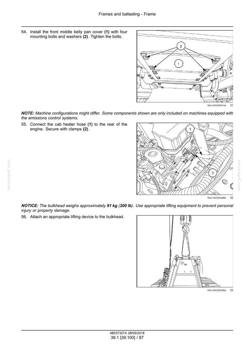 May include: Diagram of vehicle components with labels and instructions. Includes images of installing a belly pan cover, connecting a heater hose, and attaching a lifting device. Text includes weight of bulkhead at 200 lb.