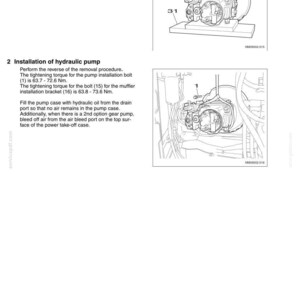 Peut inclure: Sch&eacute;ma technique d'installation d'une pompe hydraulique, avec instructions textuelles et sp&eacute;cifications de couple en Nm. L'image pr&eacute;sente des vues d&eacute;taill&eacute;es de la pompe et des composants associ&eacute;s. Extrait d'un manuel de service.