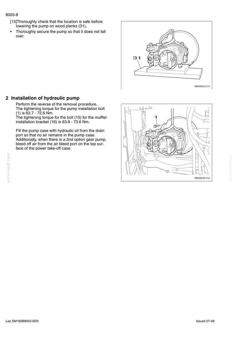 Peut inclure: Sch&eacute;ma technique d'installation d'une pompe hydraulique, avec instructions textuelles et sp&eacute;cifications de couple en Nm. L'image pr&eacute;sente des vues d&eacute;taill&eacute;es de la pompe et des composants associ&eacute;s. Extrait d'un manuel de service.