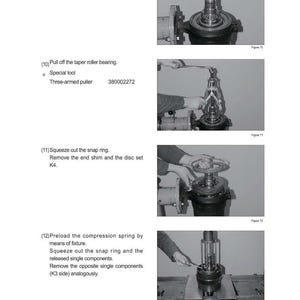 May include: A series of four images illustrating mechanical procedures. The images show the removal of a ring, a taper roller bearing, a snap ring, and the preloading of a compression spring. Text accompanies each image, detailing the steps.