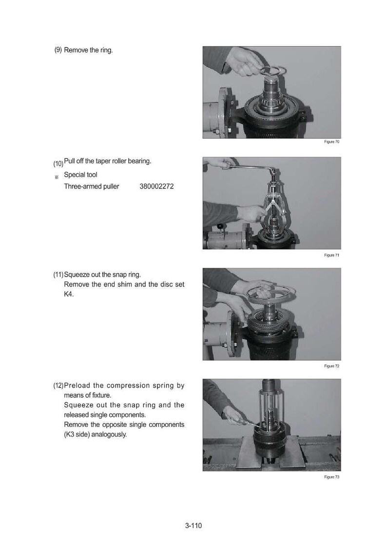 May include: A series of four images illustrating mechanical procedures. The images show the removal of a ring, a taper roller bearing, a snap ring, and the preloading of a compression spring. Text accompanies each image, detailing the steps.