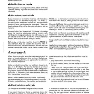 May include: A black and white document page titled 2-SAFETY INFORMATION. It contains sections on Personal Protective Equipment, Do Not Operate tags, Hazardous chemicals, Utility safety, and Electrical storm safety with warning icons.