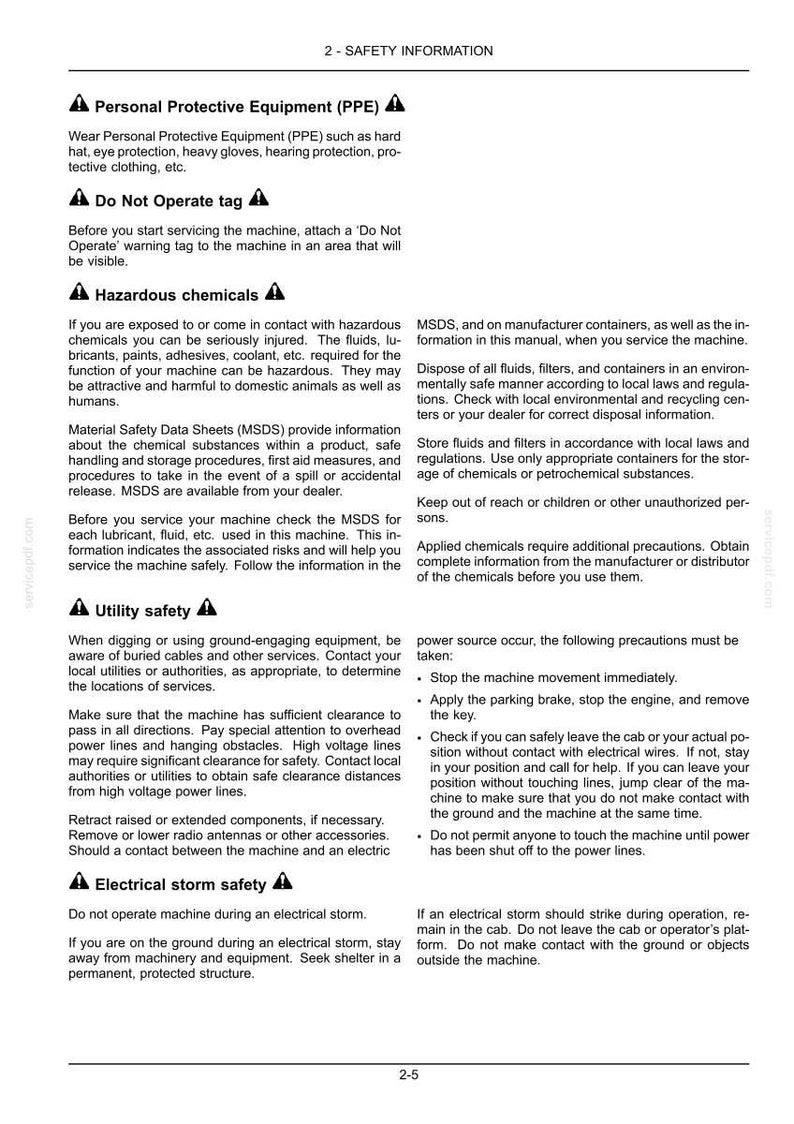 May include: A black and white document page titled 2-SAFETY INFORMATION. It contains sections on Personal Protective Equipment, Do Not Operate tags, Hazardous chemicals, Utility safety, and Electrical storm safety with warning icons.