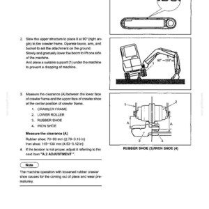 May include: A technical maintenance manual page titled 4. MAINTENANCE A.1 CHECK, featuring black and white line drawings of an excavator crawler frame, rubber shoe, and lower roller, with instructions for measuring clearance A in inches.