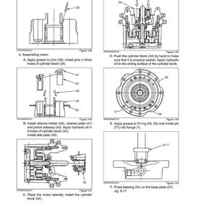 May include: Technical diagram with multiple illustrations detailing the disassembly and assembly of a travel system. The diagrams include labeled components such as cylinder blocks, pins, and O-rings, with instructions for applying grease and hydraulic oil.