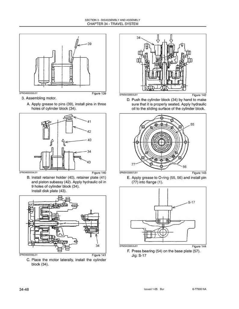 May include: Technical diagram with multiple illustrations detailing the disassembly and assembly of a travel system. The diagrams include labeled components such as cylinder blocks, pins, and O-rings, with instructions for applying grease and hydraulic oil.
