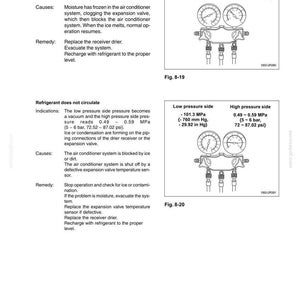 May include: Page from a manual about an air conditioning unit, with diagrams and text. The diagrams show pressure gauges with measurements in MPa and psi. The text describes issues like moisture infiltration and refrigerant circulation.