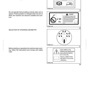 May include: Page from a manual with safety instructions. Includes diagrams and warnings about brake fluid, frame leveling, and steering geometry. Text advises following instructions and safety rules.