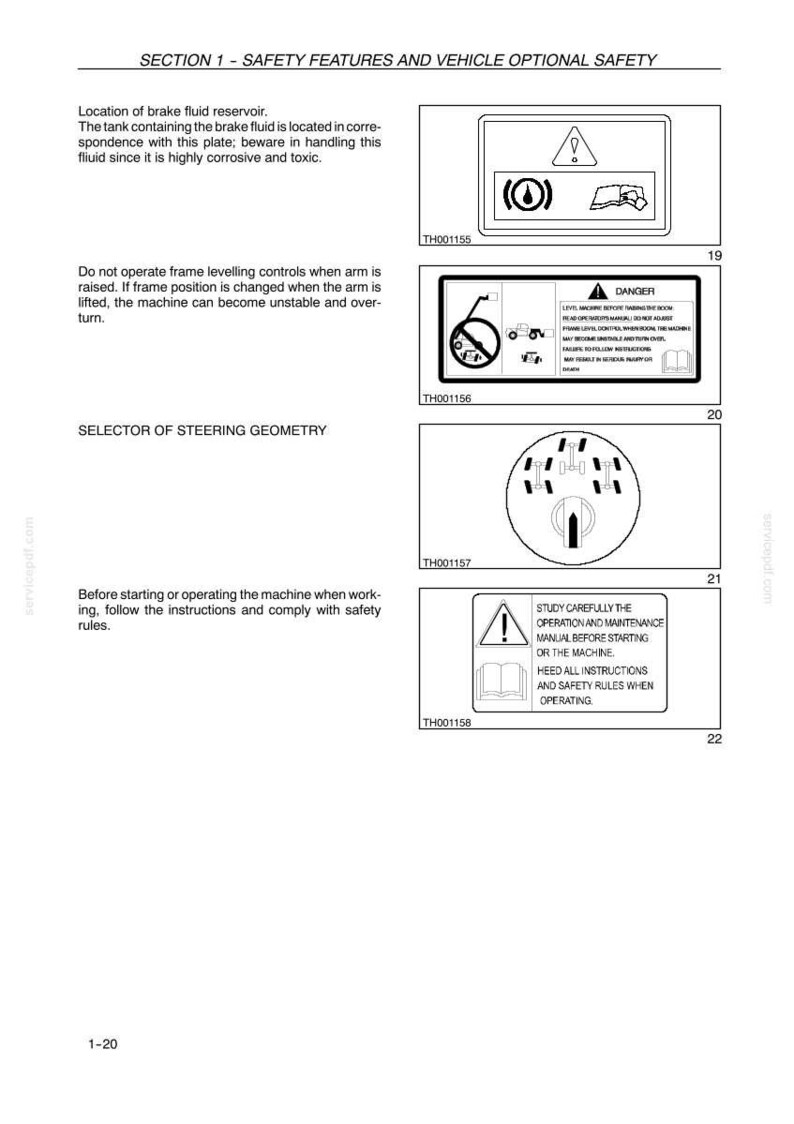 May include: Page from a manual with safety instructions. Includes diagrams and warnings about brake fluid, frame leveling, and steering geometry. Text advises following instructions and safety rules.