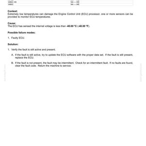 May include: A white document with the title "Electrical systems - FAULT CODES" and the text "3813-Physical range check low for ECU temperature sensor." The document provides context, cause, possible failure modes, and solution for a fault.