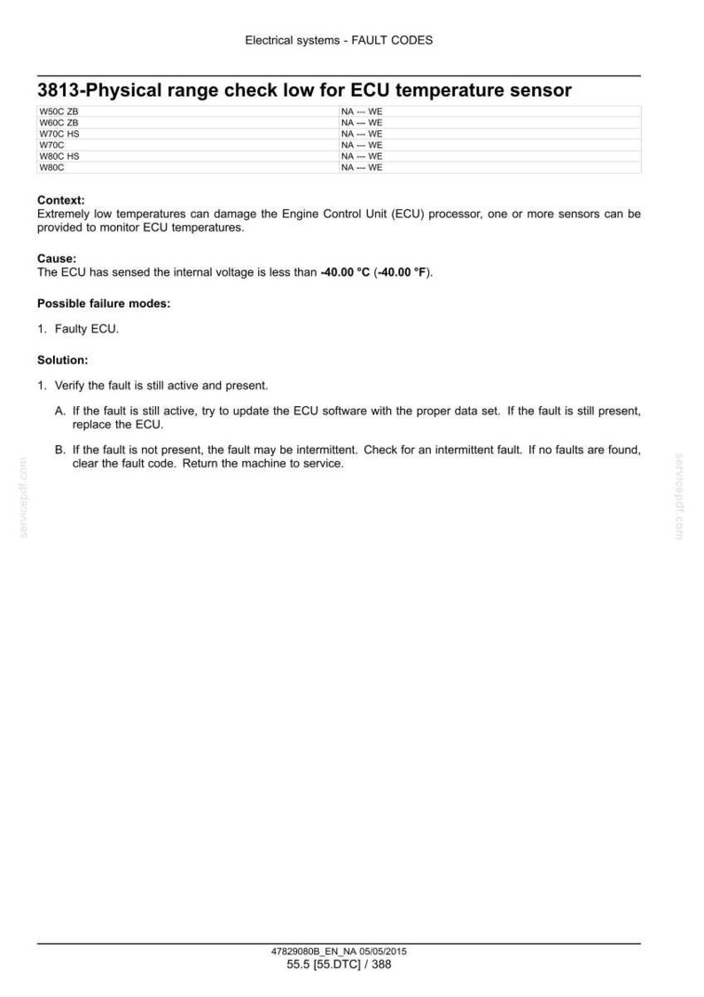 May include: A white document with the title "Electrical systems - FAULT CODES" and the text "3813-Physical range check low for ECU temperature sensor." The document provides context, cause, possible failure modes, and solution for a fault.