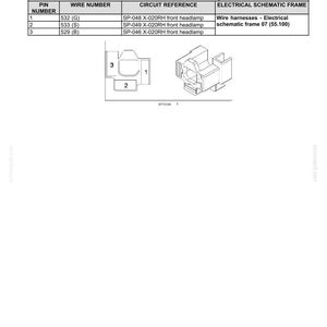 May include: Diagram of wire connectors for an electrical system. The diagram includes a table with pin numbers, wire numbers, and circuit references. The image also shows a component diagram with numbered parts.