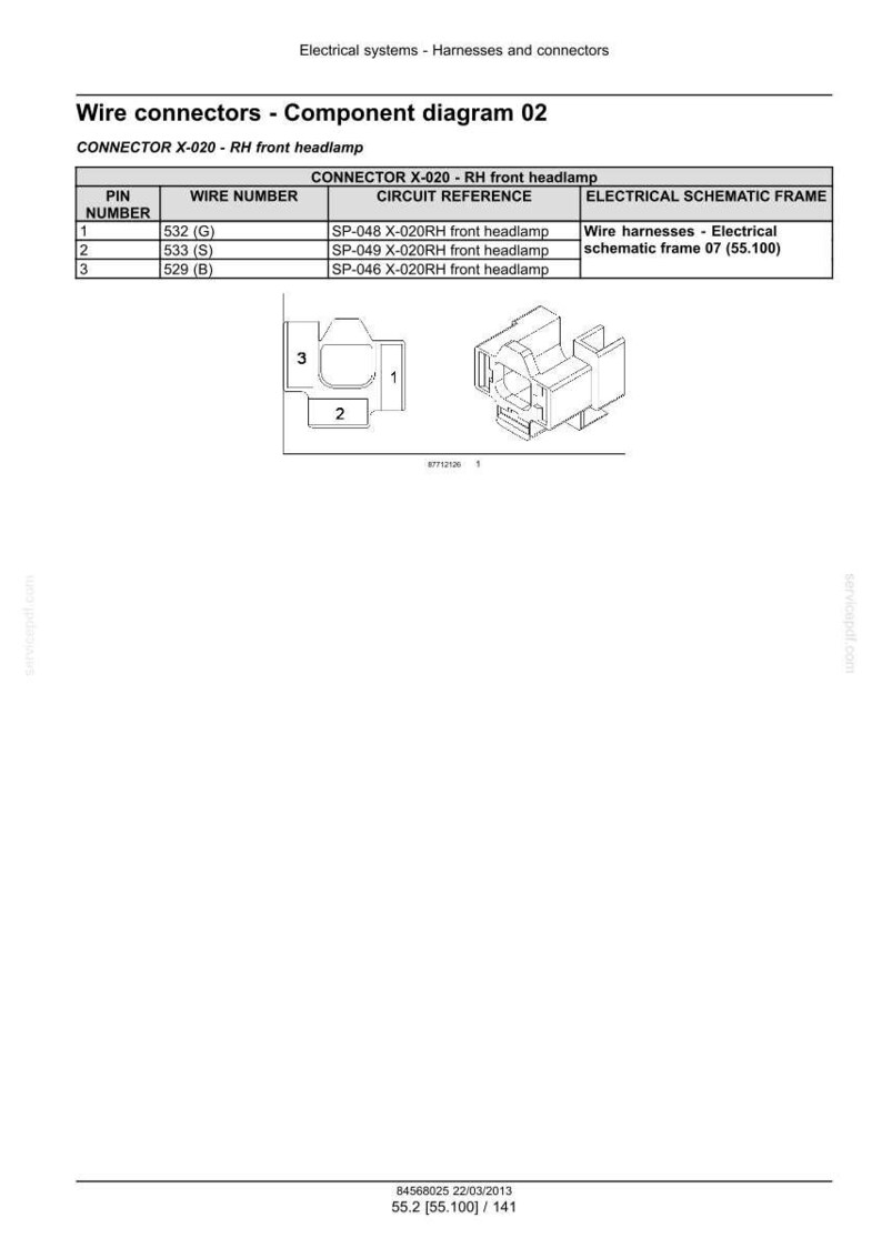 May include: Diagram of wire connectors for an electrical system. The diagram includes a table with pin numbers, wire numbers, and circuit references. The image also shows a component diagram with numbered parts.