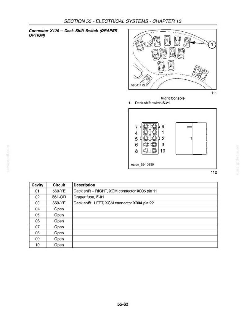 May include: Diagram of an electrical system, showing a deck shift switch and related components. Includes a diagram of the right console, a wiring diagram, and a table detailing circuits and descriptions. Text includes "SECTION 55 - ELECTRICAL SYSTEMS - CHAPTER 13".