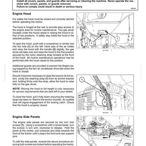 May include: A technical manual page titled 7-MAINTENANCE PROTECTIVE DEVICES featuring black and white line drawings of tractor engine components, including the engine hood and side panels, with numbered labels and instructional text for maintenance.