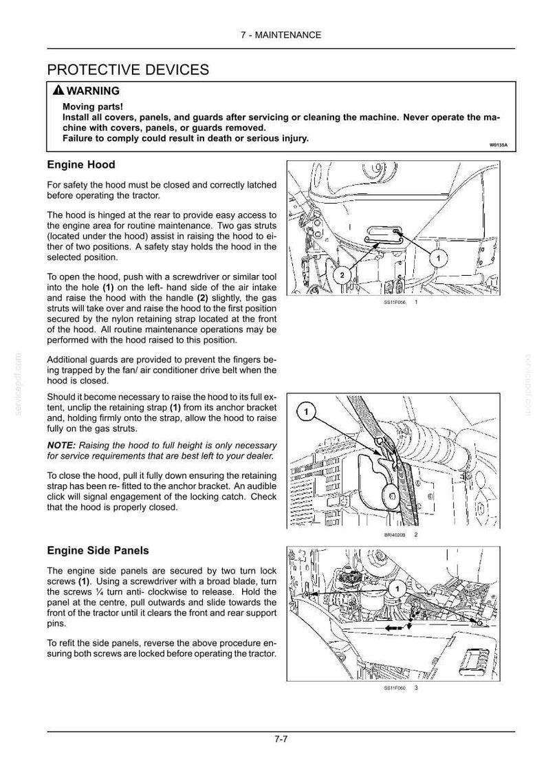 May include: A technical manual page titled 7-MAINTENANCE PROTECTIVE DEVICES featuring black and white line drawings of tractor engine components, including the engine hood and side panels, with numbered labels and instructional text for maintenance.