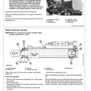 May include: A technical manual page titled Hydraulic System featuring diagrams and instructions for removing and repairing a hydraulic cylinder. The document includes labeled parts A through G, cross-section illustrations, and text detailing maintenance procedures for a 480FI Rotary Harvesting Unit.