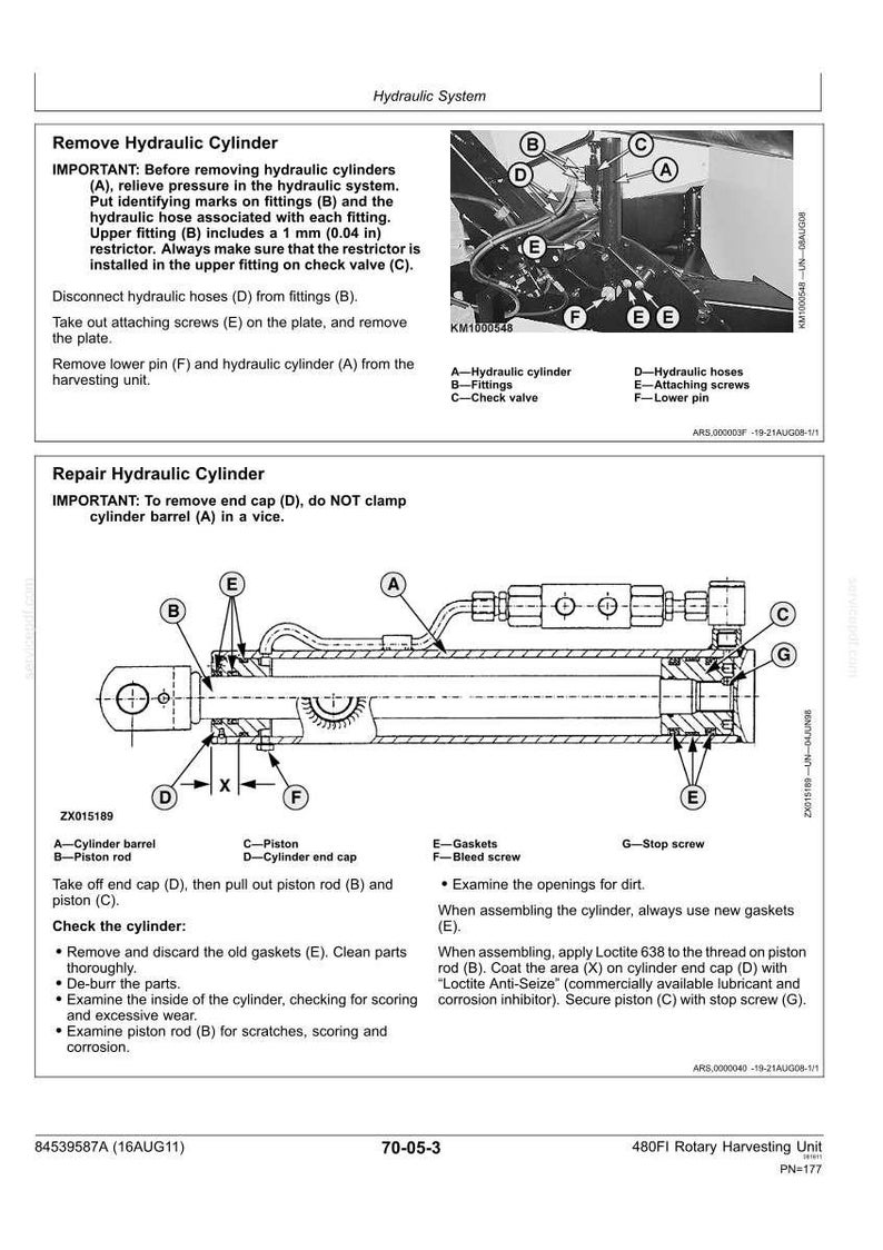 May include: A technical manual page titled Hydraulic System featuring diagrams and instructions for removing and repairing a hydraulic cylinder. The document includes labeled parts A through G, cross-section illustrations, and text detailing maintenance procedures for a 480FI Rotary Harvesting Unit.