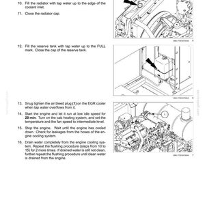 May include: Diagram of engine cooling system maintenance instructions. Text includes steps for flushing the system, filling with water, and checking for leaks. Includes illustrations of engine components and arrows.