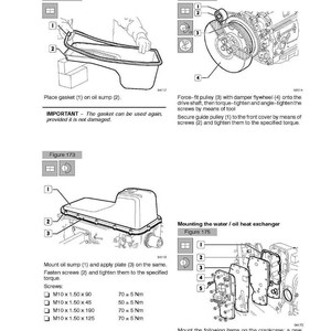 May include: Diagrams from an engine overhaul manual. Figures 172, 173, 174, and 175 illustrate the assembly of engine components, including gaskets, pulleys, and the oil heat exchanger. Text provides instructions and torque specifications.