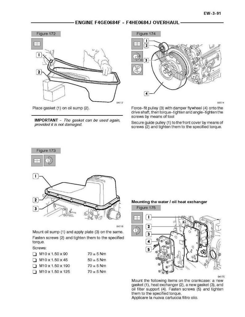 May include: Diagrams from an engine overhaul manual. Figures 172, 173, 174, and 175 illustrate the assembly of engine components, including gaskets, pulleys, and the oil heat exchanger. Text provides instructions and torque specifications.
