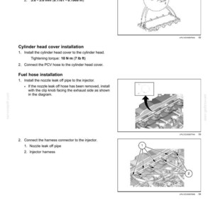 May include: Diagram of engine cylinder heads with instructions for applying liquid gasket, installing the cylinder head cover, and fuel hose installation. Includes measurements in inches and tightening torque in lb ft.