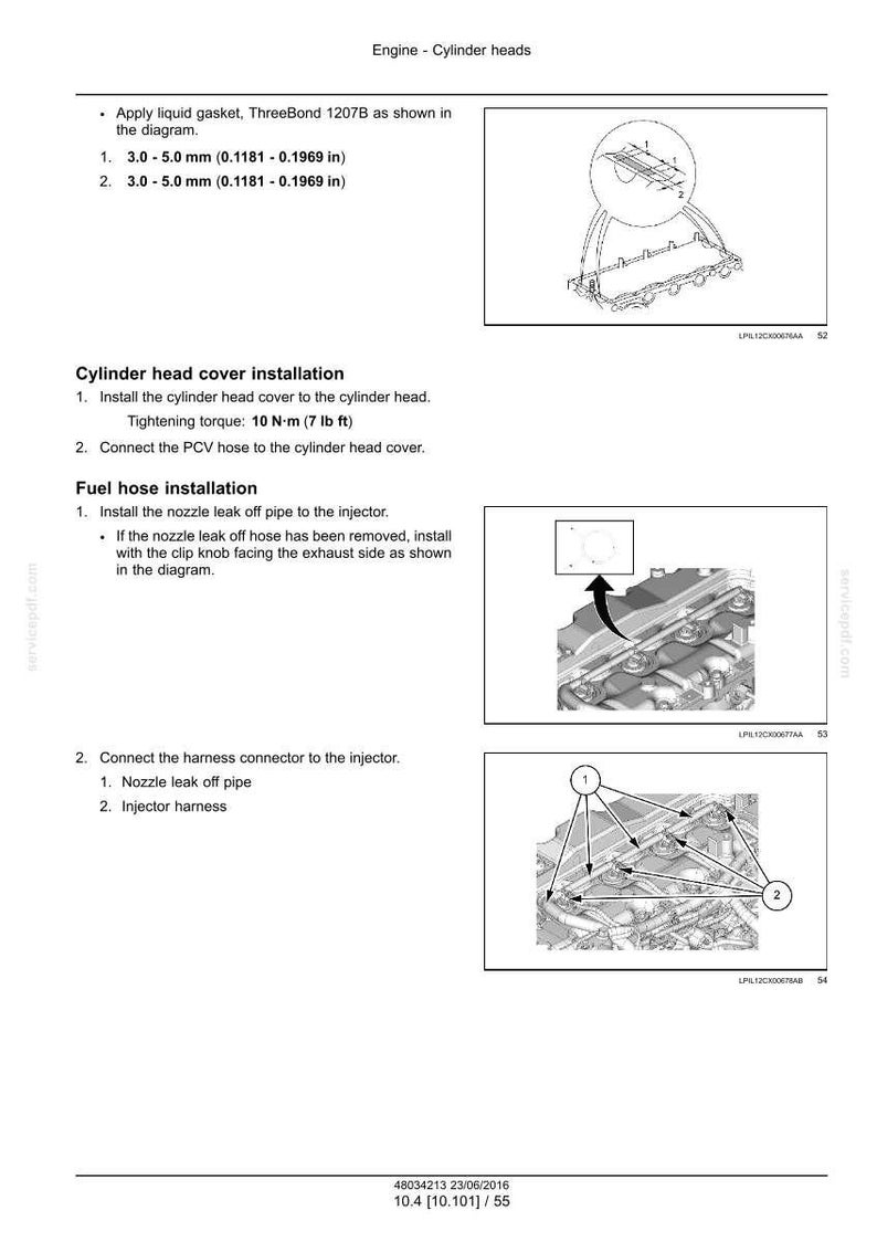May include: Diagram of engine cylinder heads with instructions for applying liquid gasket, installing the cylinder head cover, and fuel hose installation. Includes measurements in inches and tightening torque in lb ft.