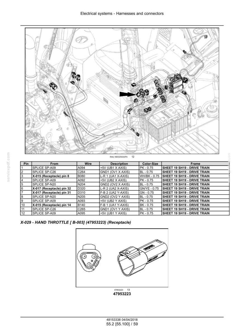 May include: Diagram of an electrical system with harnesses and connectors, including a detailed table of pin connections, wires, and descriptions. The image also features a hand throttle receptacle.