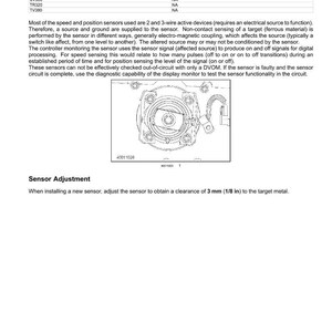 May include: Diagram of engine timing sensors with text. The image includes a detailed illustration of a sensor component, along with text describing sensor adjustment to a clearance of 1/8 in to the target metal.