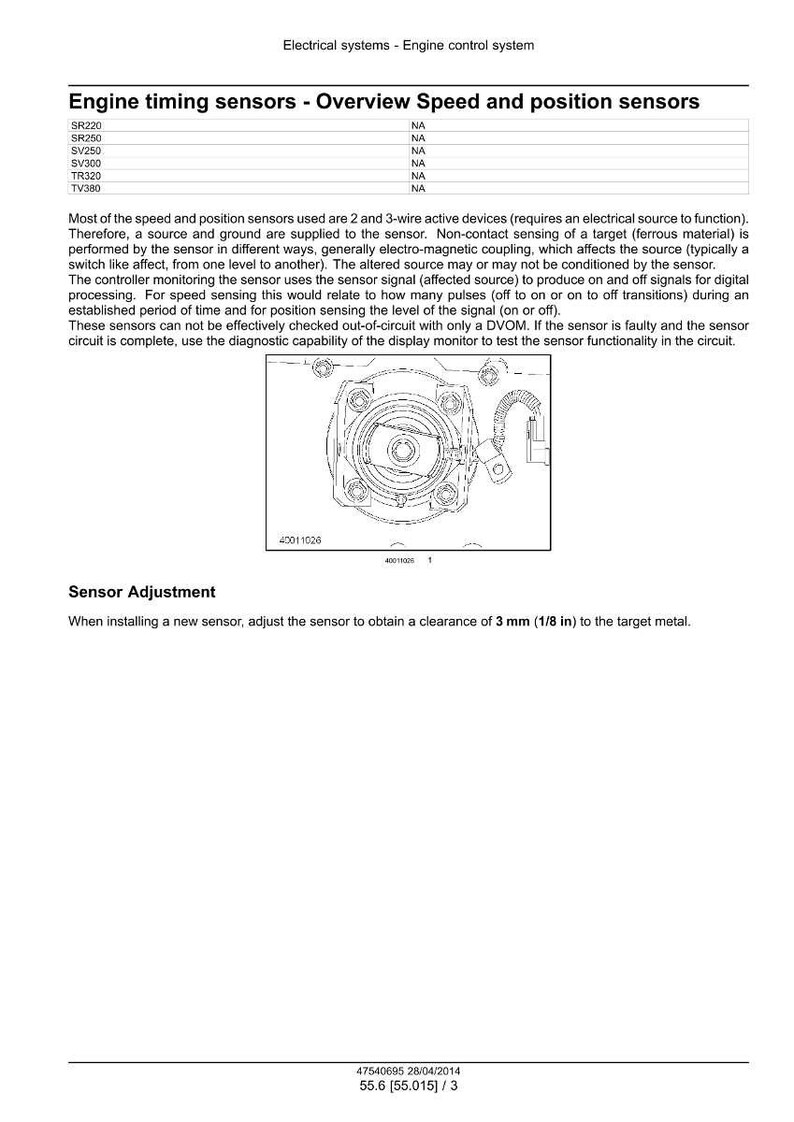 May include: Diagram of engine timing sensors with text. The image includes a detailed illustration of a sensor component, along with text describing sensor adjustment to a clearance of 1/8 in to the target metal.